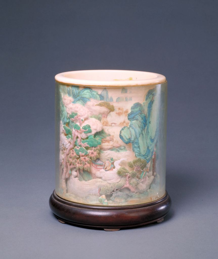 图片[1]-Tooth carving dyeing landscape pen holder-China Archive